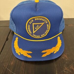 AIP Products Hat Cap Snap Back Blue Mesh Trucker Embroidered Mens 80's